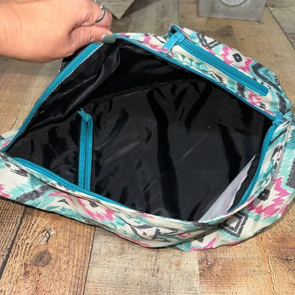 Kavu Rope Crossbody Sling Bag Aztec Southwestern Geometric Teal/Pink/Black